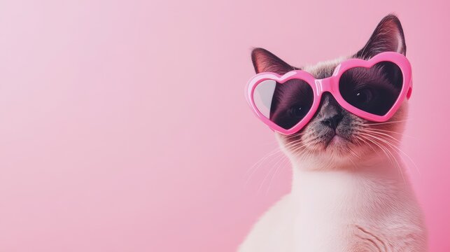 A stylish cat wearing pink heart-shaped sunglasses poses against a soft pink background, creating a playful and charming scene, perfect for Valentine’s Day or pet-themed content