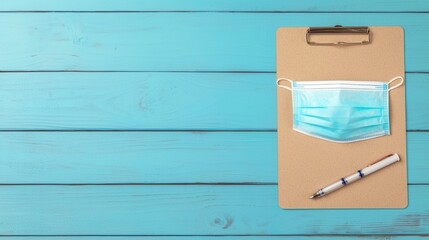 PM2.5 protect concept. Medical Face Mask Resting on a Clipboard with a Pen in a Clean Workspace