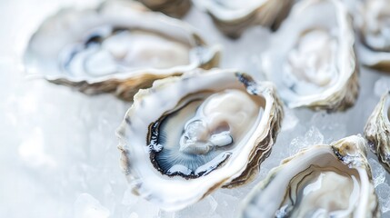 Clean white canvas showcasing a close-up of fresh oysters with glistening shells, emphasizing their freshness and delicate texture as seafood invertebrates