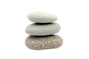Three smooth stones stacked harmoniously on top of each other, showcasing natural textures and colors, isolated on a white background.