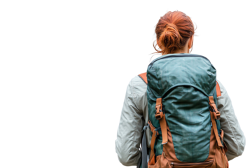 Traveler with a green backpack, standing against a white isolated background, ready for adventure or exploration in nature.