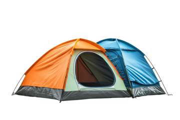 Two colorful camping tents in an outdoor setting, showing vibrant orange and blue colors, ideal for camping enthusiasts and outdoor adventures.