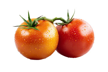 Two fresh tomatoes with water droplets, showcasing vibrant colors and freshness, perfect for culinary presentations or healthy lifestyle themes.