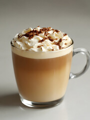 Rich Foamy Cappuccino with Whipped Cream in Glass Cup with Detail and Texture : Generative AI