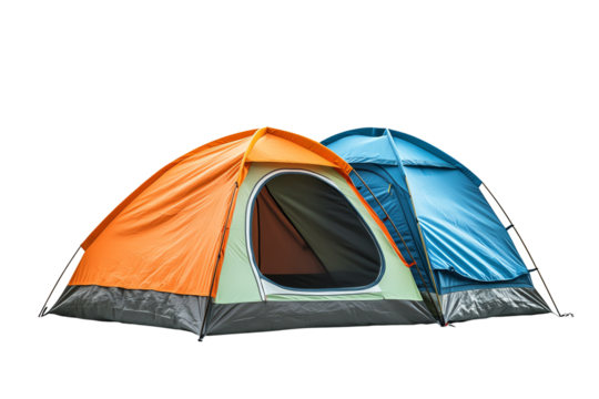 Two colorful camping tents in an outdoor setting, showing vibrant orange and blue colors, ideal for camping enthusiasts and outdoor adventures.