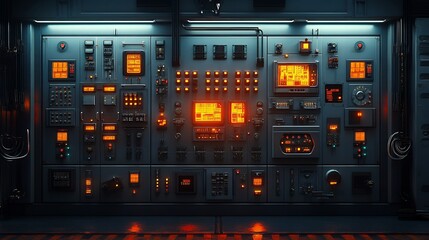 Futuristic Control Panel Interface Sci Fi Technology Wall with Illuminated Buttons Screens and Dials