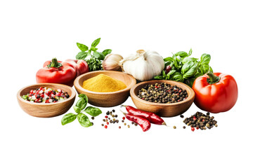 Various fresh vegetables and spices arranged in bowls, showcasing vibrant colors and textures on a white background.