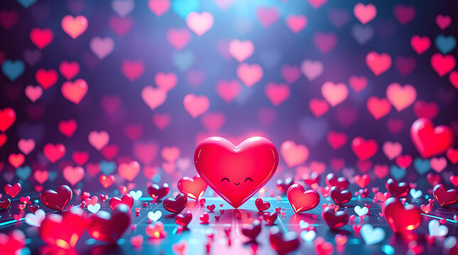 A CUTE RED HEART WITH EYES AND NOSE placed on the gorund with a lot of smaller red & pink hearts on the ground and in the blurred background 