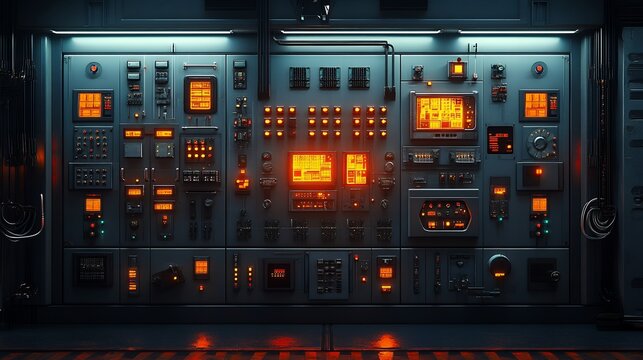 Futuristic Control Panel Interface Sci Fi Technology Wall with Illuminated Buttons Screens and Dials