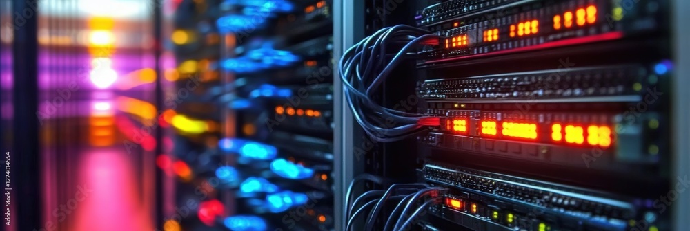 Poster high-tech data center network with colorful led lights and server racks showcasing modern technology
