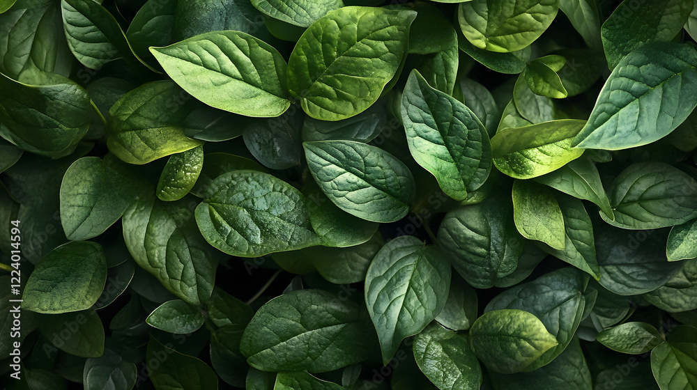 Poster Lush green foliage texture with vibrant leaves overlapping creating a dense natural background : Generative AI
