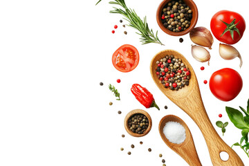 Vibrant assortment of fresh ingredients including tomatoes, herbs, spices, and salt arranged with wooden utensils on a white isolated background.