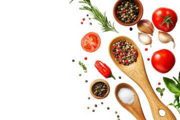 Vibrant assortment of fresh ingredients including tomatoes, herbs, spices, and salt arranged with wooden utensils on a white isolated background.