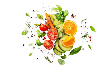Vibrant assortment of fresh vegetables and fruits including tomatoes, cucumbers, carrots, and...