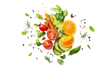 Vibrant assortment of fresh vegetables and fruits including tomatoes, cucumbers, carrots, and oranges on a white isolate background.