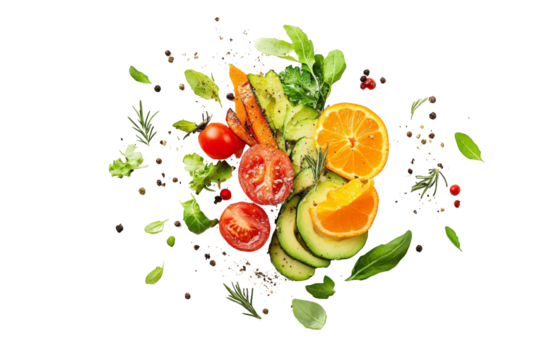 Vibrant assortment of fresh vegetables and fruits including tomatoes, cucumbers, carrots, and oranges on a white isolate background.