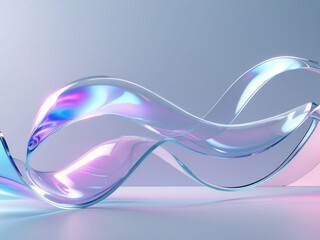 Abstract futuristic glass loop with gradient reflections in pink and blue hues, set against a minimalistic soft background.