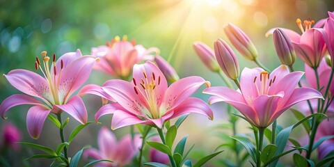 Fototapeta premium Minimalist Summer Garden with Pink Asiatic Lilies - Serene Floral Arrangement, Nature's Beauty, Tranquil Outdoor Space, Perfect for Relaxation and Aesthetic Appeal in Minimalist Design