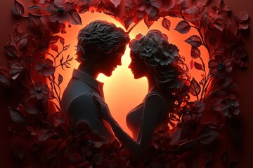 Romantic Silhouette of Couple Surrounded by Floral Heart Design