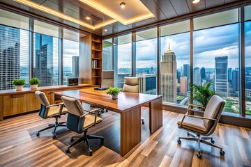 Modern Glass Office, Minimalist Design, City View, Ergonomic Workspace, Wooden Accents, Interior Design