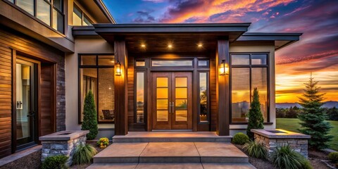 Fototapeta premium Modern Home Exterior Silhouette, Glass Front Door, Real Estate Photography, Sunset Silhouette, Architectural Silhouette, Wooden Door Silhouette