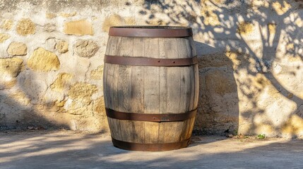 Fototapeta premium Rustic wooden barrel against a stone wall in warm sunlight setting