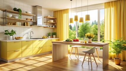 Modern Kitchen Interior, Yellow Curtain, Food Photography, Bright Sunlight, Minimalist Design, Delicious Meal