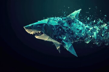 Abstract 3D Shark Design with Shattering Polygonal Elements in Blue and Green Colors