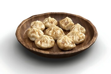 Steamed dumplings on wooden plate isolated on white background