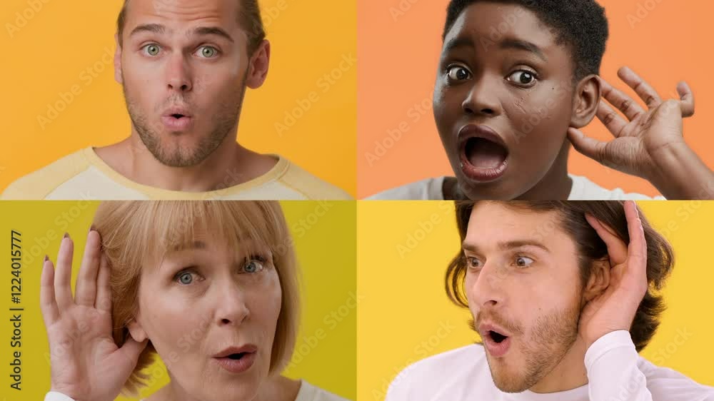 Poster four individuals of different backgrounds showcase a range of emotions and gestures. their reactions