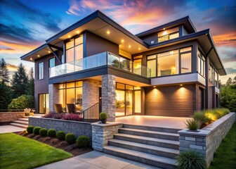 Modern Two-Story House Dusk Exterior, Large Windows, Steps, Home Design, Real Estate Photography