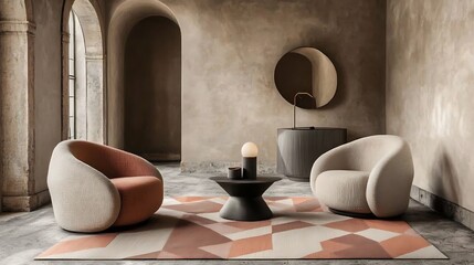 Modern minimalist living room with curved armchairs and geometric rug