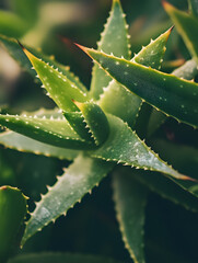 Fototapeta premium Fresh Green Aloe Vera Plant Leaves Closeup in Natural Light Photography : Generative AI