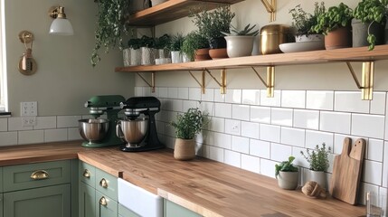 Green kitchen, wood countertop, herbs, stand mixers, shelves