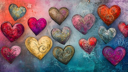Fototapeta premium An abstract and assortment of hearts with unique details including swirling patterns vibrant watercolor designs and a gradient background creating a romantic and emotional visual composition