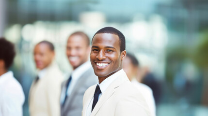 Fototapeta premium A confident young businessman in a light suit smiles warmly in an outdoor corporate setting, with blurred colleagues in the background.
