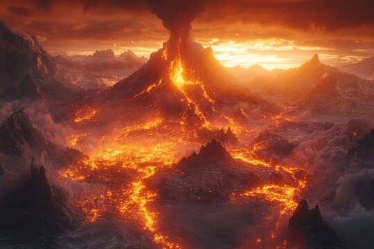 Captivating Wide-Angle View of Volcanic Eruption with Ash and Lava Spewing Out Dramatically