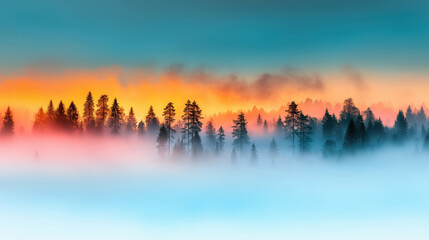 Obraz premium Silhouettes of tall pine trees in a foggy forest at sunrise, with vibrant orange, pink, and blue hues in the sky.