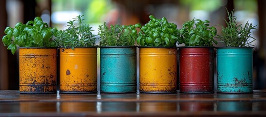 Colorful cans with herbs on wooden table, outdoor background.  Recipe idea