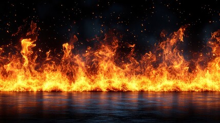 Fiery inferno reflecting, dark studio, sparks