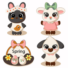 Cute spring animals bunny, lambs, eggs.