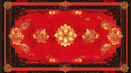 Detailed and Ornate Chinese New Year Design with a Bright Red Backdrop Decorative Golden Borders Elegant Lotus Flower Motifs and Sparkling Cloud Patterns in a Festive Arrangement