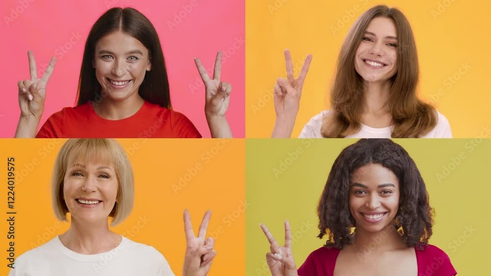 Poster four smiling individuals from various backgrounds showcase joyful gestures of peace and happiness ag