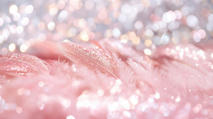 Soft pink feathers dusted with shimmering glitter against a dreamy, sparkling background of light bokeh, creating a magical scene.