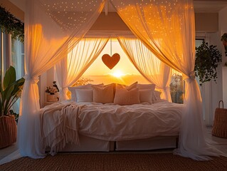 Romantic bedroom sunset view with heart decor