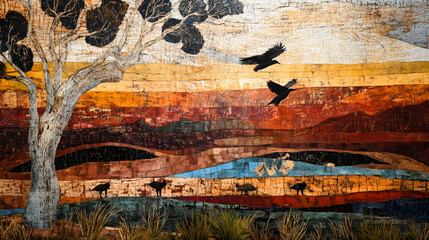 Colorful mosaic mural depicting birds and landscape in vibrant shades : Generative AI