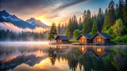 Fototapeta premium Mist-Shrouded Lake Cabin Retreat: Secluded Modern Lakeside Cabins, Peaceful Nature Escape