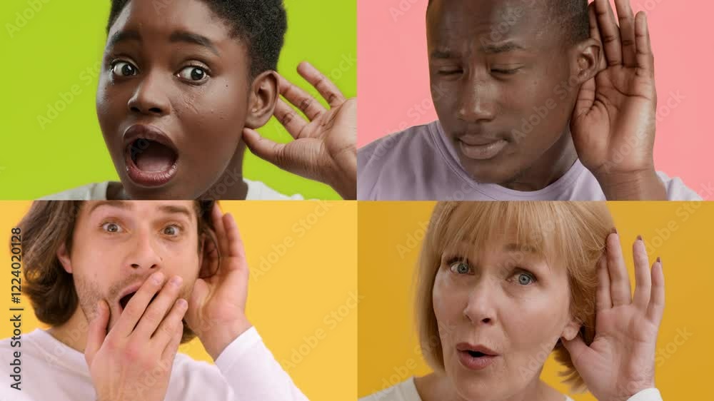 Poster a vibrant collage showcasing a multiracial group of individuals sharing happy emotions. each person 