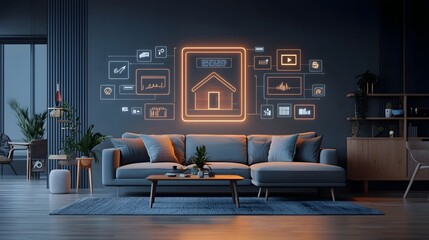 Futuristic living room showcasing a sleek and sophisticated smart home interface with elegant glowing holograms hovering over the modern minimalist decor and furnishings