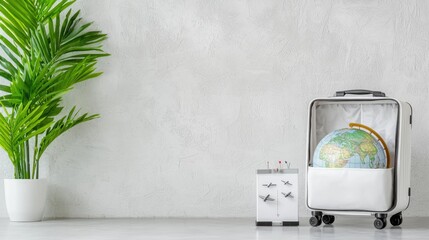 Globe in suitcase, travel planning, home interior, minimalist background, travel inspiration